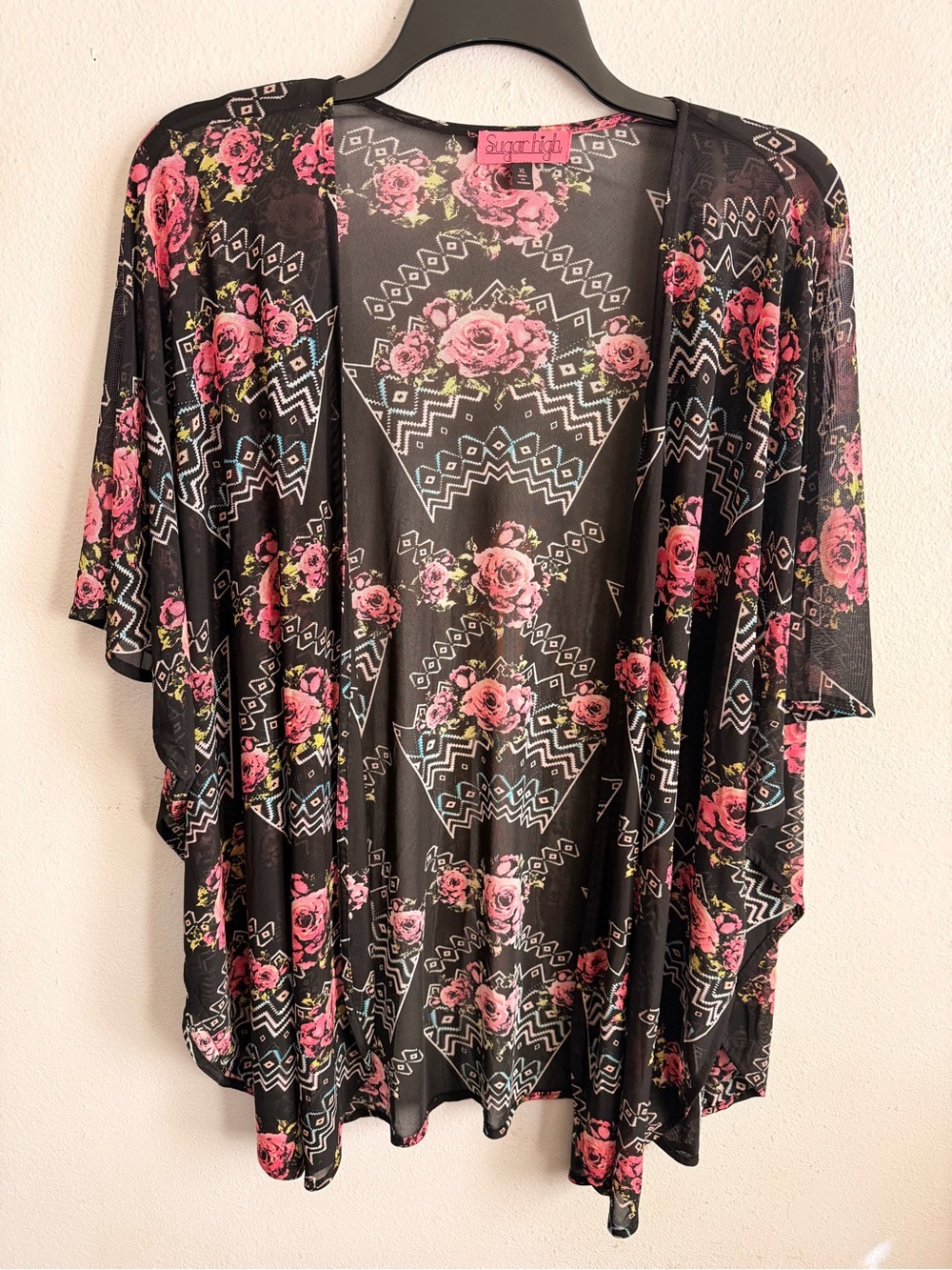 Sugar high Black Floral Open-Front Kimono with Pink Roses